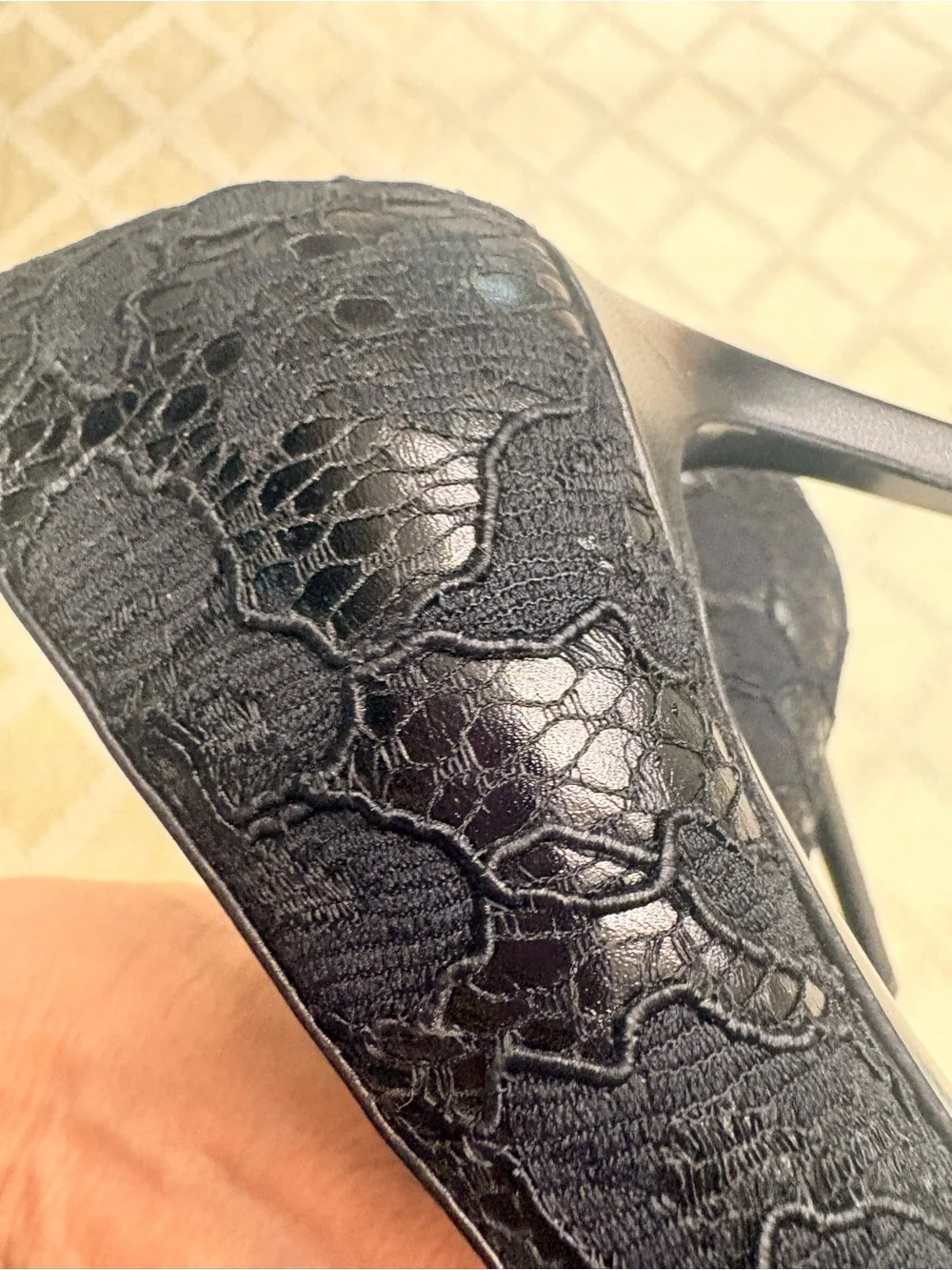 Saint Laurent Black Lace Pointed Pumps with Textured Overlay - Picture 6 of 8